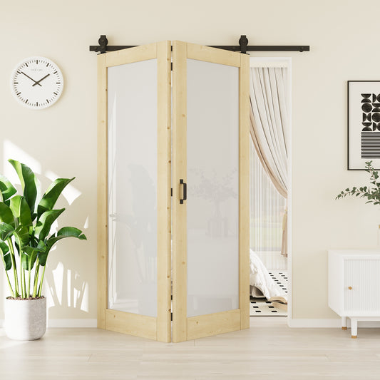 CRUTOP Tempered Frosted Glass Pine Wood Bifold Barn Door, Unfinished Paint-ready Surface Panel with Hardware Kit & Handle & Floor Guide