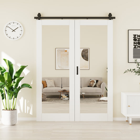 CRUTOP One Side Mirror Bifold Barn Door, Paintable Surface,White Prefinished Solid MDF Wood Panel with Hardware Kit & Handle & Floor Guide