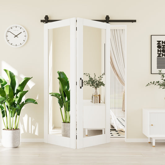 CRUTOP One Side Mirror Bifold Barn Door, Paintable Surface,White Prefinished Solid MDF Wood Panel with Hardware Kit & Handle & Floor Guide