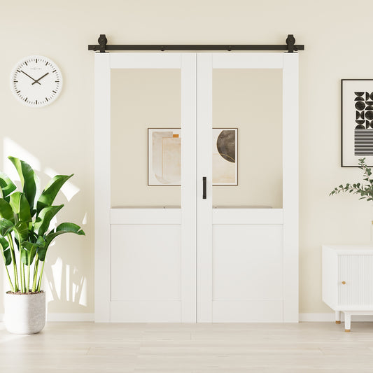 CRUTOP Half Mirror Panel Bifold Barn Door, Paintable Surface,White Prefinished Solid MDF Wood Panel with Hardware Kit & Handle & Floor Guide