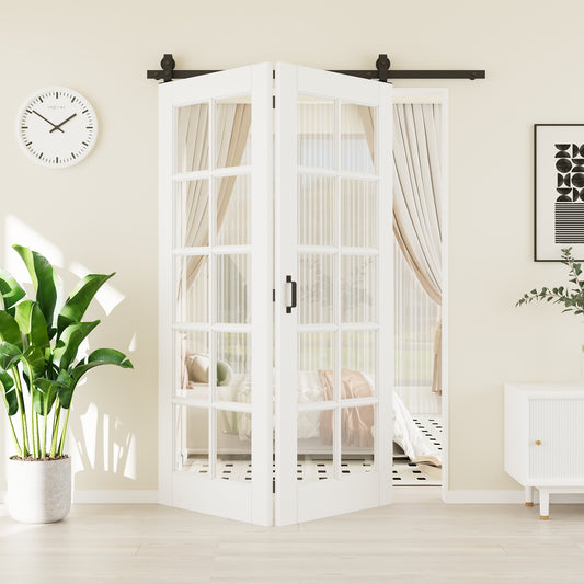 CRUTOP 10 Lite Tempered Clear Glass Bifold Barn Door, Paintable Surface,White Prefinished Solid MDF Wood Panel with Hardware Kit & Handle & Floor Guide