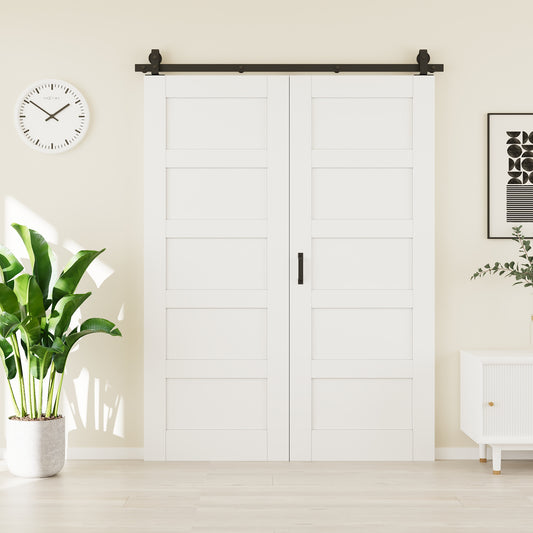 CRUTOP 5-Lite Solid Core Panel Bifold Barn Door, Paintable Surface,White Prefinished Solid MDF Wood Panel with Hardware Kit & Handle & Floor Guide