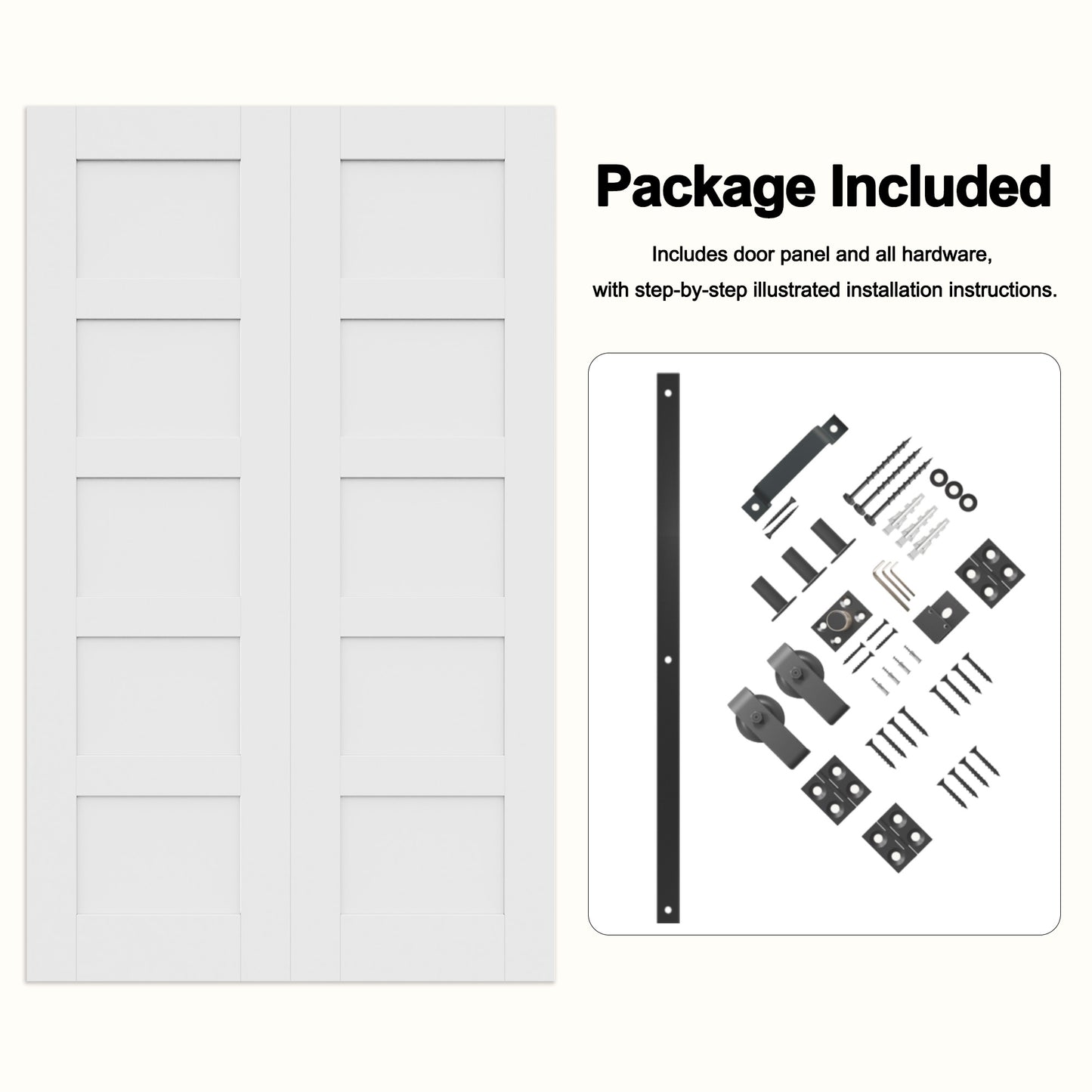CRUTOP 5-Lite Solid Core Panel Bifold Barn Door, Paintable Surface,White Prefinished Solid MDF Wood Panel with Hardware Kit & Handle & Floor Guide