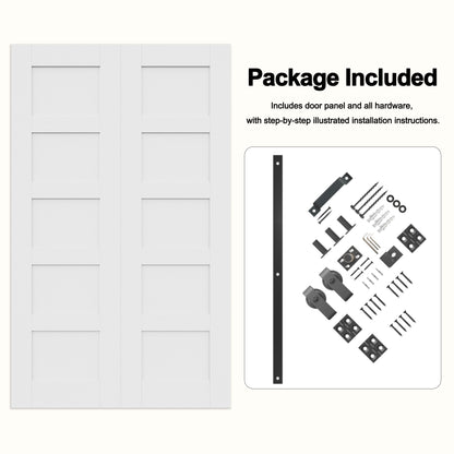 CRUTOP 5-Lite Solid Core Panel Bifold Barn Door, Paintable Surface,White Prefinished Solid MDF Wood Panel with Hardware Kit & Handle & Floor Guide