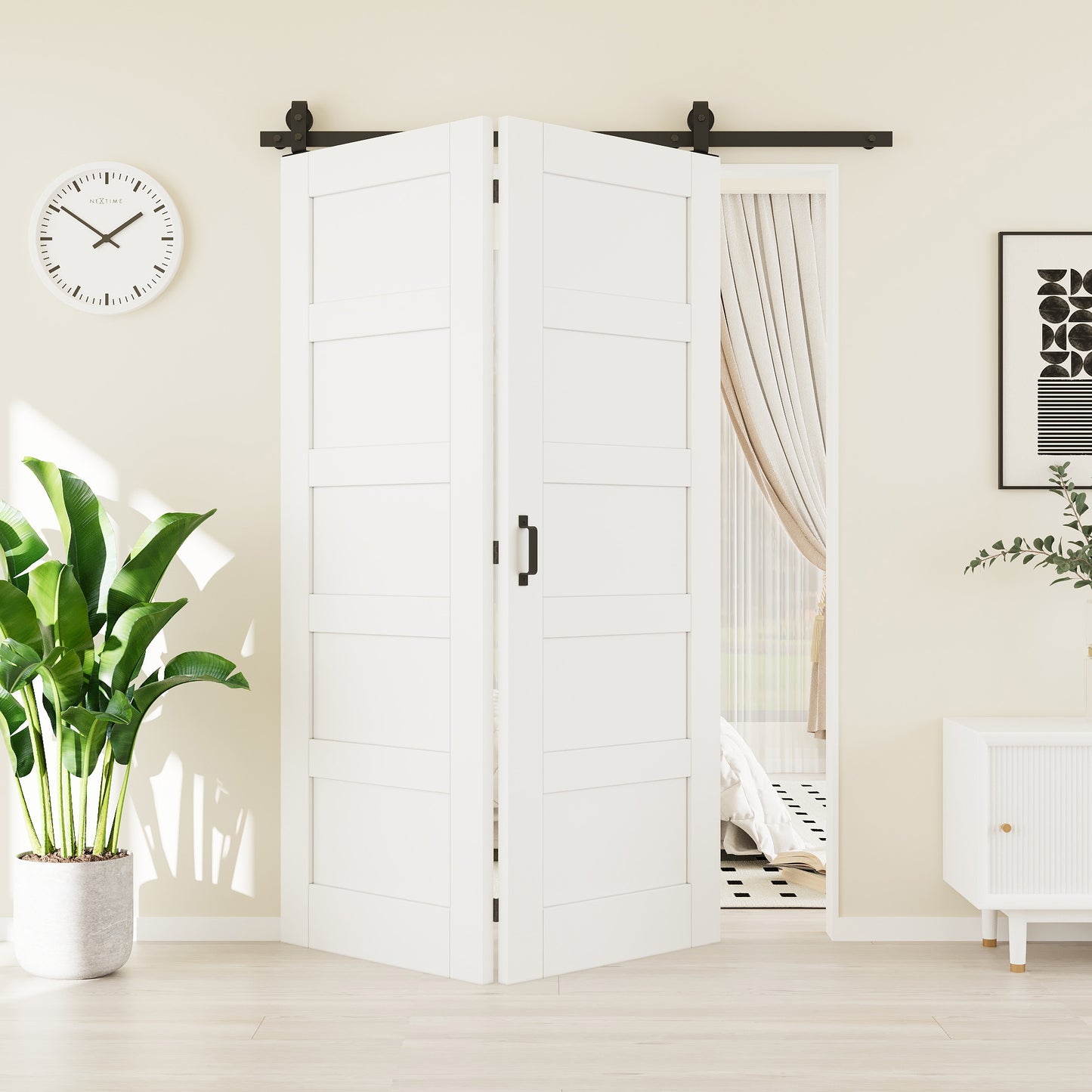CRUTOP 5-Lite Solid Core Panel Bifold Barn Door, Paintable Surface,White Prefinished Solid MDF Wood Panel with Hardware Kit & Handle & Floor Guide