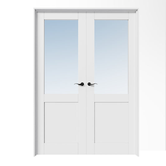 CRUTOP Half Lite Clear Glass White Solid Core Double Prehung French Door with Ready-to-Assemble Jamb,Black Hardware Prehung