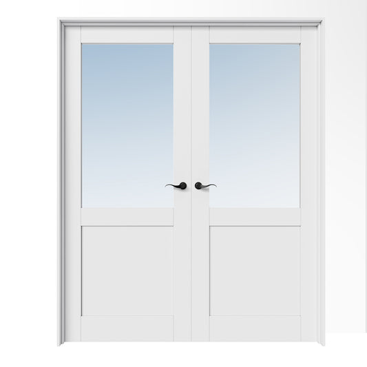CRUTOP Half Lite Clear Glass White Solid Core Double Prehung French Door with Ready-to-Assemble Jamb,Black Hardware Prehung