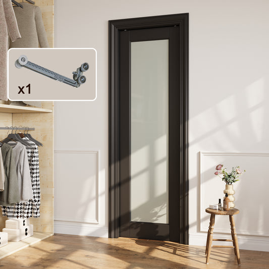 CRUTOP 1-Lite Tempered Frosted Glass Pocket Door, Black Interior Sliding Doors with Hardware Kit & Soft Close & Frame, Solid Core MDF Wood & Finished Paintable Surface
