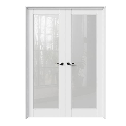 CRUTOP 1-Lite Frosted Glass White Solid Core Double Prehung French Door with Ready-to-Assemble Jamb,Black Hardware Prehung