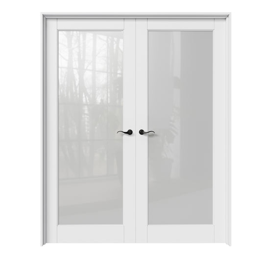 CRUTOP 1-Lite Frosted Glass White Solid Core Double Prehung French Door with Ready-to-Assemble Jamb,Black Hardware Prehung