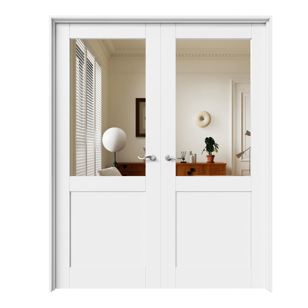 CRUTOP Half-Lite Mirror White Solid Core Double Prehung French Door with Ready-to-Assemble Jamb, Silver Hardware Prehung