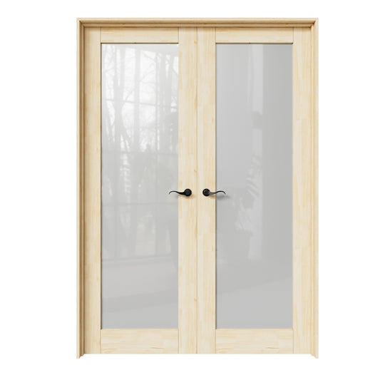 CRUTOP 1-Lite Frosted Glass Pine Wood Solid Core Double Prehung French Door with Ready-to-Assemble Jamb, Unfinished, Black Hardware Prehung
