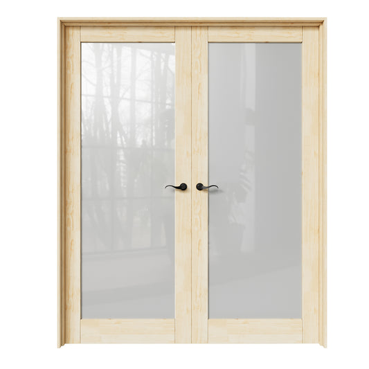 CRUTOP 1-Lite Frosted Glass Pine Wood Solid Core Double Prehung French Door with Ready-to-Assemble Jamb, Unfinished, Black Hardware Prehung