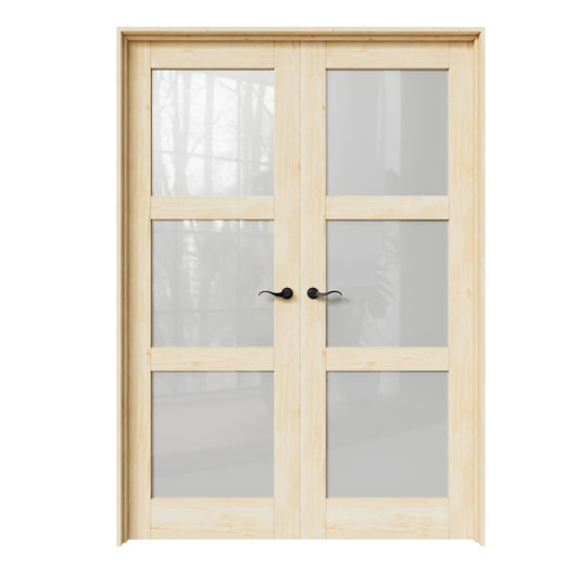 CRUTOP 3-Lite Frosted Glass Pine Wood Solid Core Double Prehung French Door with Ready-to-Assemble Jamb, Unfinished, Black Hardware Prehung