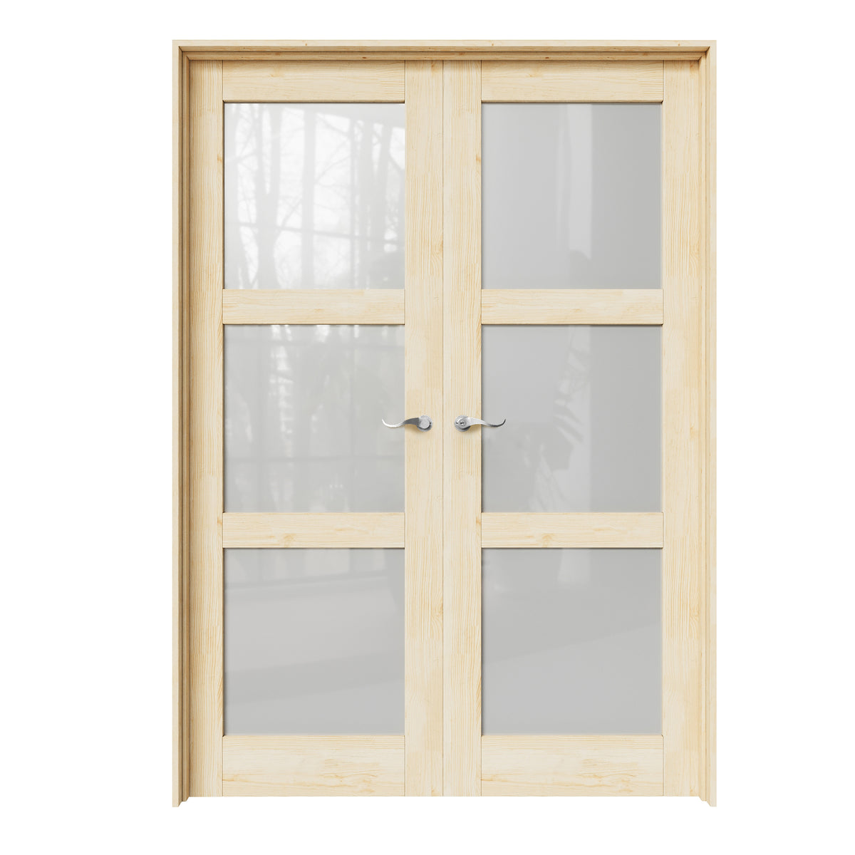 CRUTOP 3-Lite Frosted Glass Pine Wood Solid Core Double Prehung French Door with Ready-to-Assemble Jamb, Unfinished, Silver Hardware Prehung