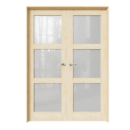 CRUTOP 3-Lite Frosted Glass Pine Wood Solid Core Double Prehung French Door with Ready-to-Assemble Jamb, Unfinished, Silver Hardware Prehung