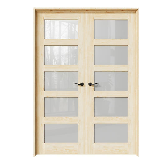 CRUTOP 5-Lite Frosted Glass Pine Wood Solid Core Double Prehung French Door with Ready-to-Assemble Jamb, Unfinished, Black Hardware Prehung