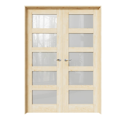 CRUTOP 5-Lite Frosted Glass Pine Wood Solid Core Double Prehung French Door with Ready-to-Assemble Jamb, Unfinished, Silver Hardware Prehung
