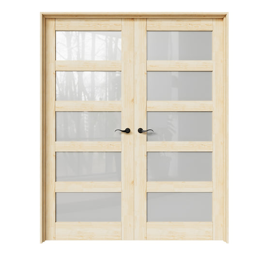 CRUTOP 5-Lite Frosted Glass Pine Wood Solid Core Double Prehung French Door with Ready-to-Assemble Jamb, Unfinished, Black Hardware Prehung