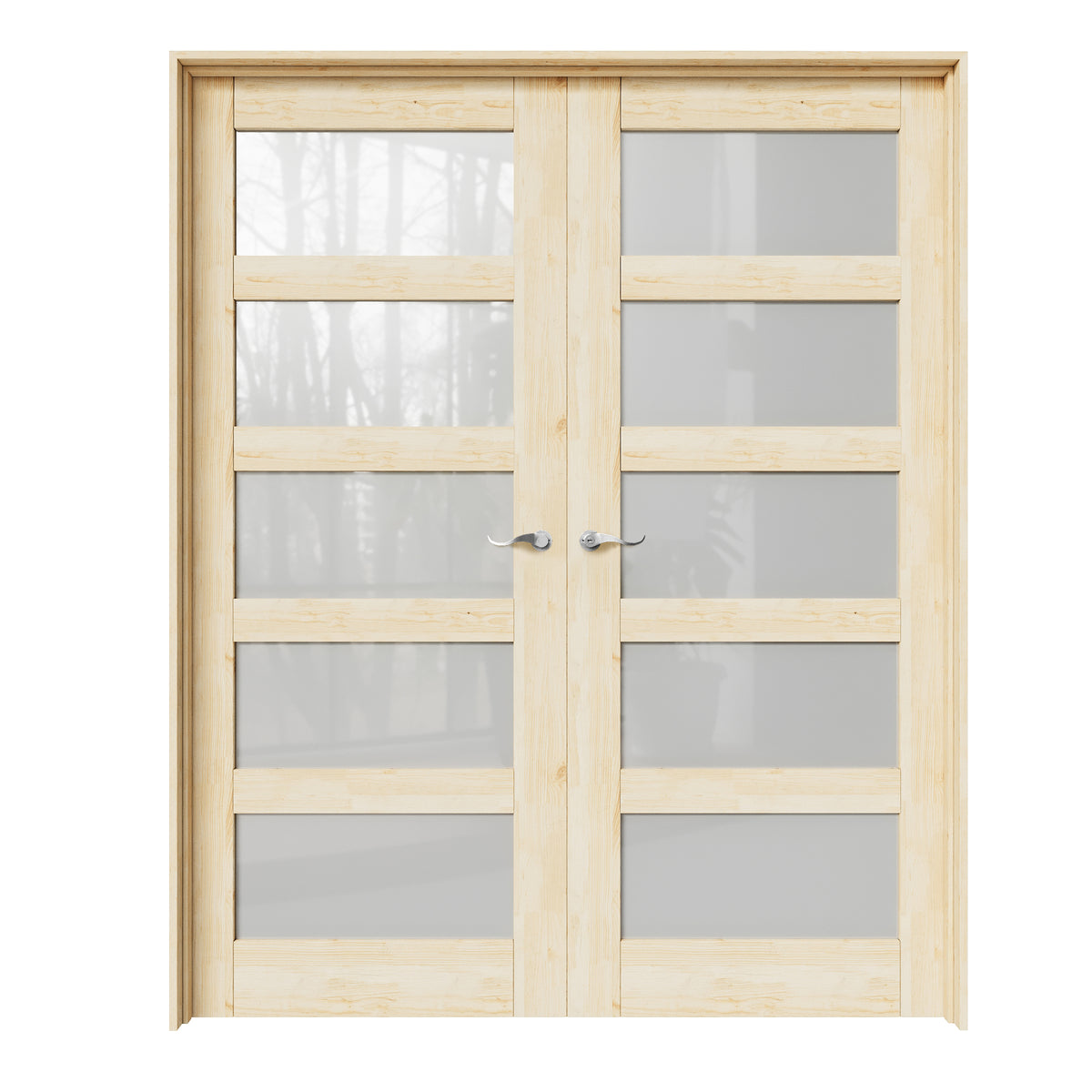 CRUTOP 5-Lite Frosted Glass Pine Wood Solid Core Double Prehung French Door with Ready-to-Assemble Jamb, Unfinished, Silver Hardware Prehung