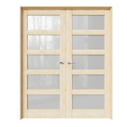 CRUTOP 5-Lite Frosted Glass Pine Wood Solid Core Double Prehung French Door with Ready-to-Assemble Jamb, Unfinished, Silver Hardware Prehung