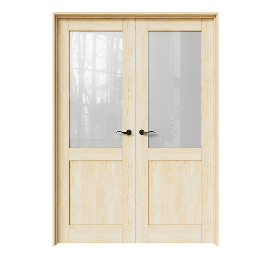 CRUTOP Half-Lite Frosted Glass Pine Wood Solid Core Double Prehung French Door with Ready-to-Assemble Jamb, Unfinished, Black Hardware Prehung