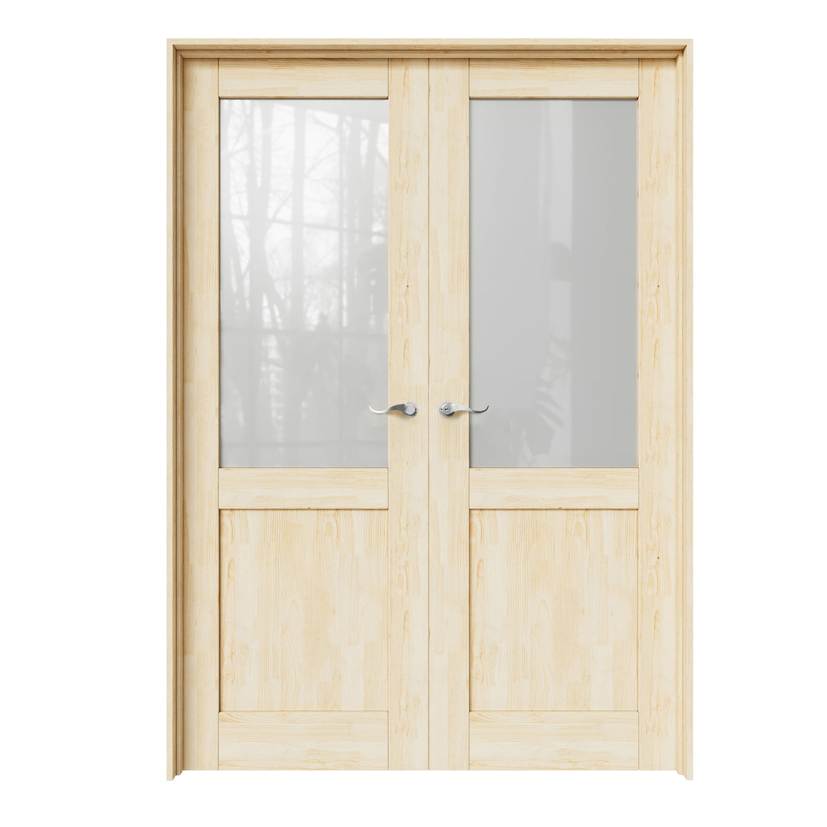 CRUTOP Half-Lite Frosted Glass Pine Wood Solid Core Double Prehung French Door with Ready-to-Assemble Jamb, Unfinished, Silver Hardware Prehung