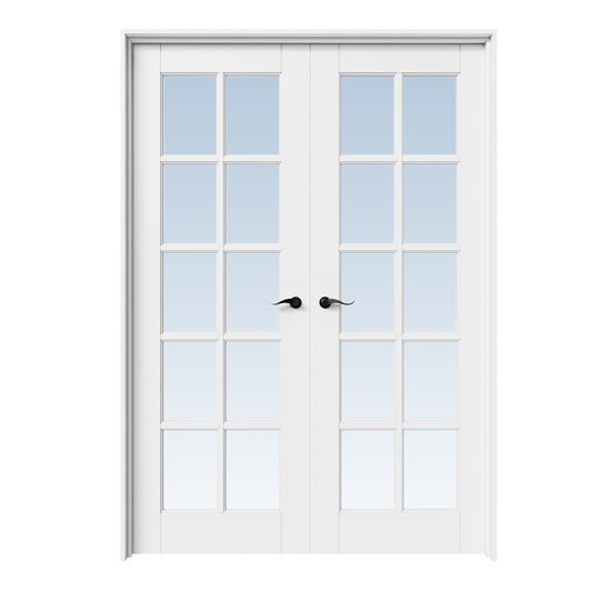 CRUTOP 10-Lite Clear Glass White Solid Core Double Prehung French Door with Ready-to-Assemble Jamb,Black Hardware Prehung