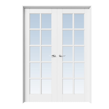 CRUTOP 10-Lite Clear Glass White Solid Core Double Prehung French Door with Ready-to-Assemble Jamb, Silver Hardware Prehung