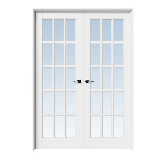 CRUTOP 15-Lite Clear Glass White Solid Core Double Prehung French Door with Ready-to-Assemble Jamb,Black Hardware Prehung