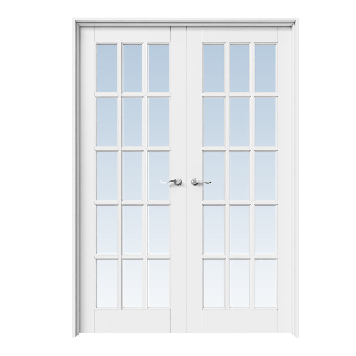 CRUTOP 15-Lite Clear Glass White Solid Core Double Prehung French Door with Ready-to-Assemble Jamb, Silver Hardware Prehung