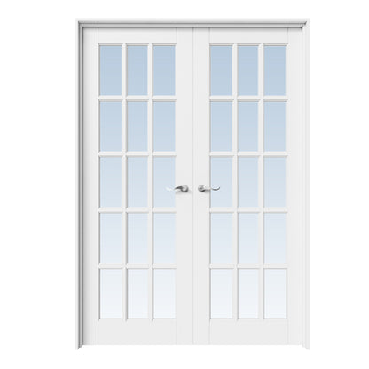 CRUTOP 15-Lite Clear Glass White Solid Core Double Prehung French Door with Ready-to-Assemble Jamb, Silver Hardware Prehung