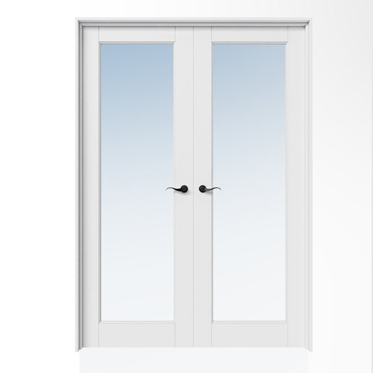 CRUTOP 1-Lite Clear Glass White Solid Core Double Prehung French Door with Ready-to-Assemble Jamb,Black Hardware Prehung