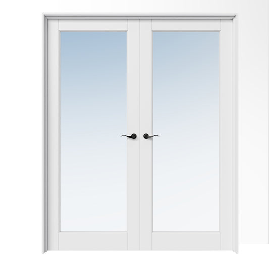 CRUTOP 1-Lite Clear Glass White Solid Core Double Prehung French Door with Ready-to-Assemble Jamb,Black Hardware Prehung