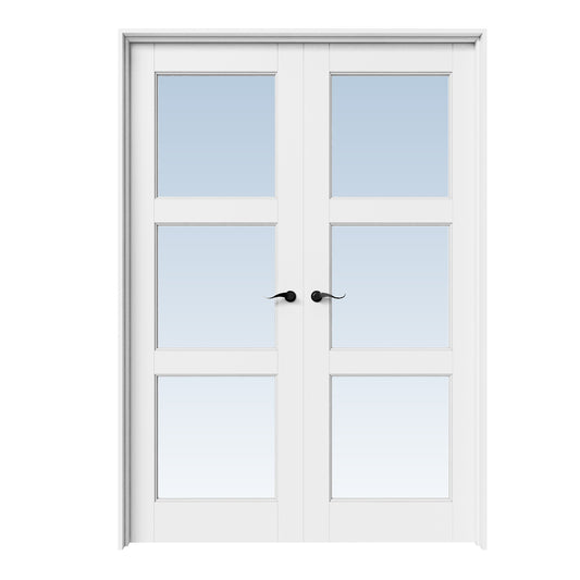 CRUTOP 3-Lite Clear Glass White Solid Core Double Prehung French Door with Ready-to-Assemble Jamb,Black Hardware Prehung