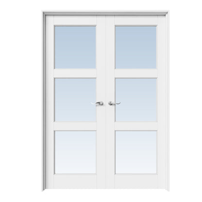 CRUTOP 3-Lite Clear Glass White Solid Core Double Prehung French Door with Ready-to-Assemble Jamb, Silver Hardware Prehung