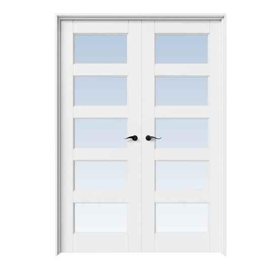 CRUTOP 5-Lite Clear Glass White Solid Core Double Prehung French Door with Ready-to-Assemble Jamb,Black Hardware Prehung