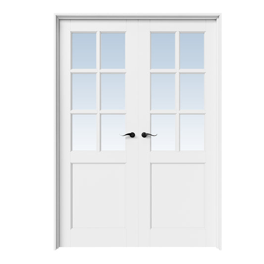 CRUTOP 6-Lite Clear Glass White Solid Core Double Prehung French Door with Ready-to-Assemble Jamb,Black Hardware Prehung