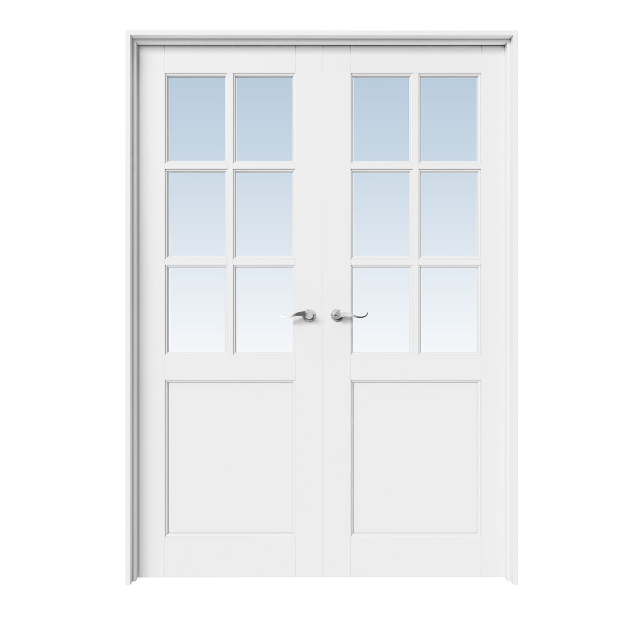 CRUTOP 6-Lite Clear Glass White Solid Core Double Prehung French Door with Ready-to-Assemble Jamb, Silver Hardware Prehung