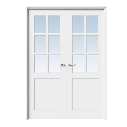 CRUTOP 6-Lite Clear Glass White Solid Core Double Prehung French Door with Ready-to-Assemble Jamb, Silver Hardware Prehung
