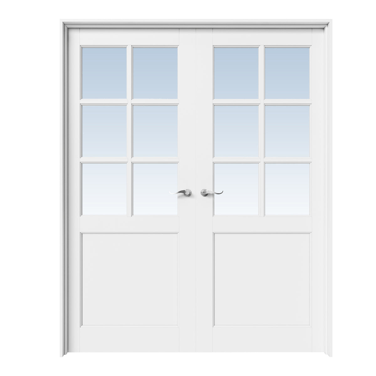 CRUTOP 6-Lite Clear Glass White Solid Core Double Prehung French Door with Ready-to-Assemble Jamb, Silver Hardware Prehung