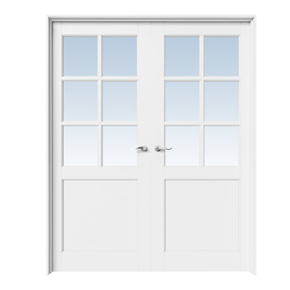 CRUTOP 6-Lite Clear Glass White Solid Core Double Prehung French Door with Ready-to-Assemble Jamb, Silver Hardware Prehung