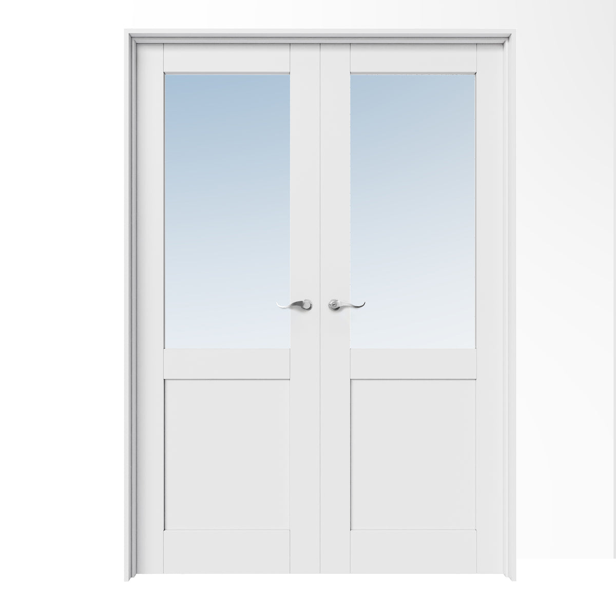 CRUTOP Half-Lite Clear Glass White Solid Core Double Prehung French Door with Ready-to-Assemble Jamb, Silver Hardware Prehung