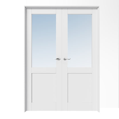 CRUTOP Half-Lite Clear Glass White Solid Core Double Prehung French Door with Ready-to-Assemble Jamb, Silver Hardware Prehung