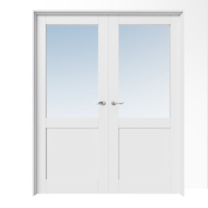 CRUTOP Half-Lite Clear Glass White Solid Core Double Prehung French Door with Ready-to-Assemble Jamb, Silver Hardware Prehung