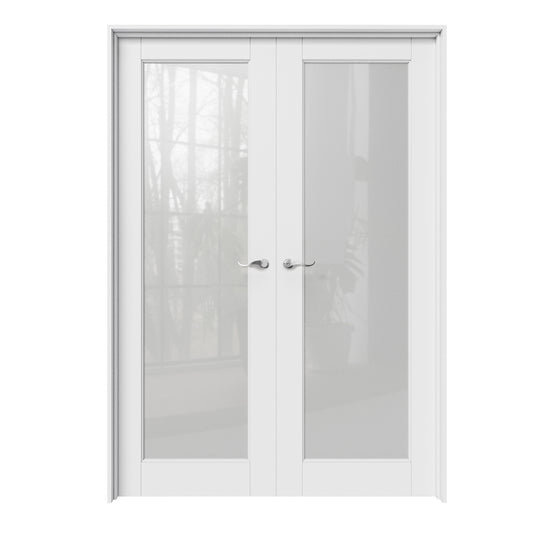 CRUTOP 1-Lite Frosted Glass White Solid Core Double Prehung French Door with Ready-to-Assemble Jamb, Silver Hardware Prehung