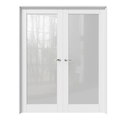 CRUTOP 1-Lite Frosted Glass White Solid Core Double Prehung French Door with Ready-to-Assemble Jamb, Silver Hardware Prehung