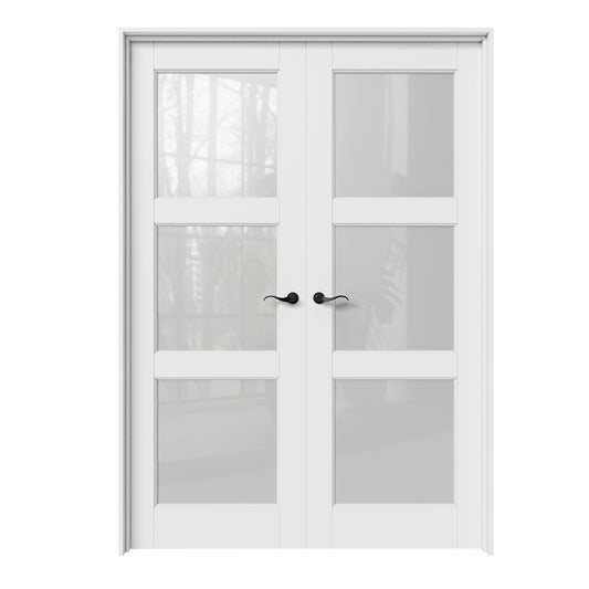 CRUTOP 3-Lite Frosted Glass White Solid Core Double Prehung French Door with Ready-to-Assemble Jamb,Black Hardware Prehung