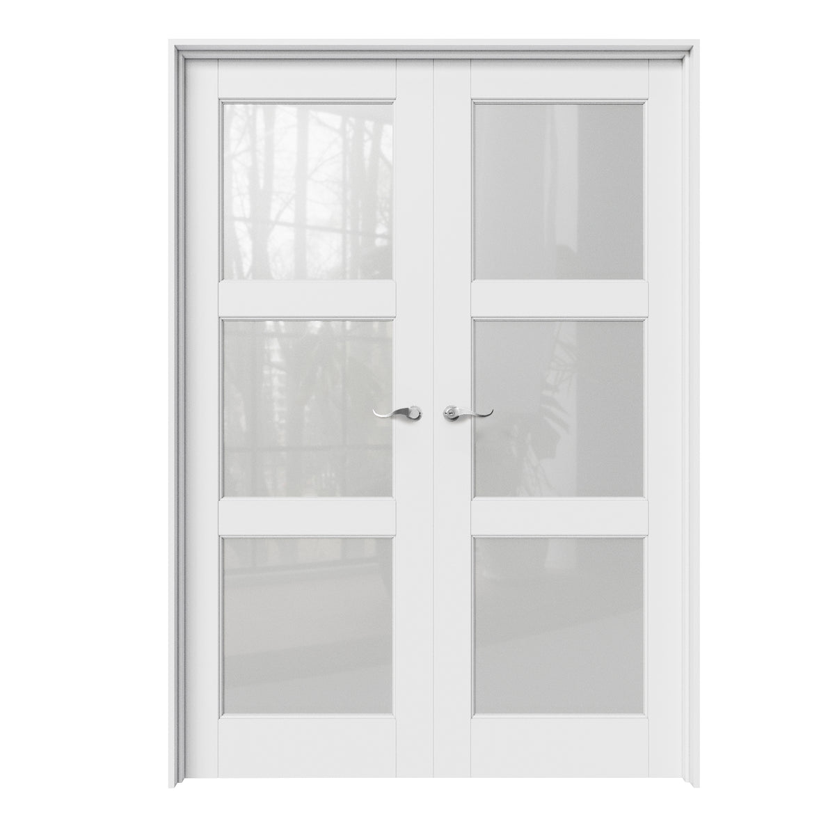 CRUTOP 3-Lite Frosted Glass White Solid Core Double Prehung French Door with Ready-to-Assemble Jamb, Silver Hardware Prehung