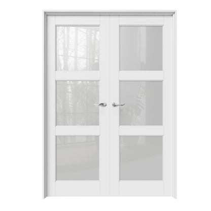 CRUTOP 3-Lite Frosted Glass White Solid Core Double Prehung French Door with Ready-to-Assemble Jamb, Silver Hardware Prehung